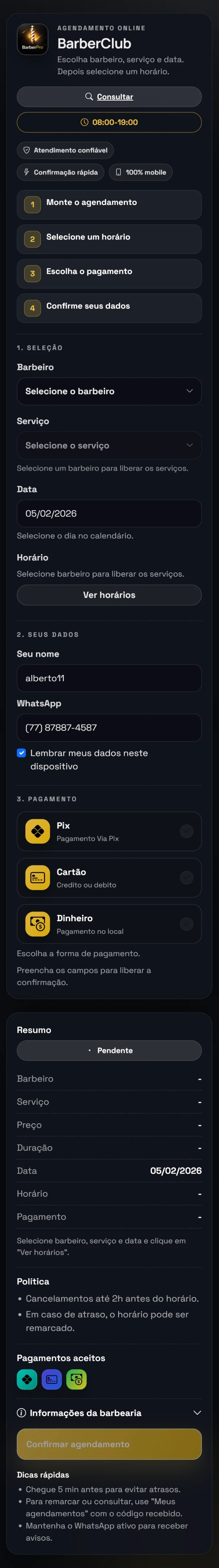 Agenda online BarberPro no celular