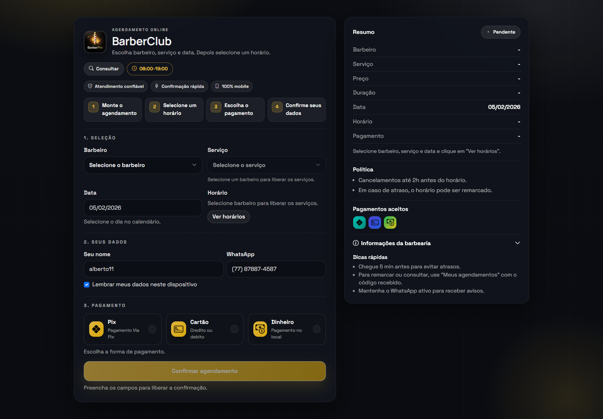 Agenda online BarberPro no computador
