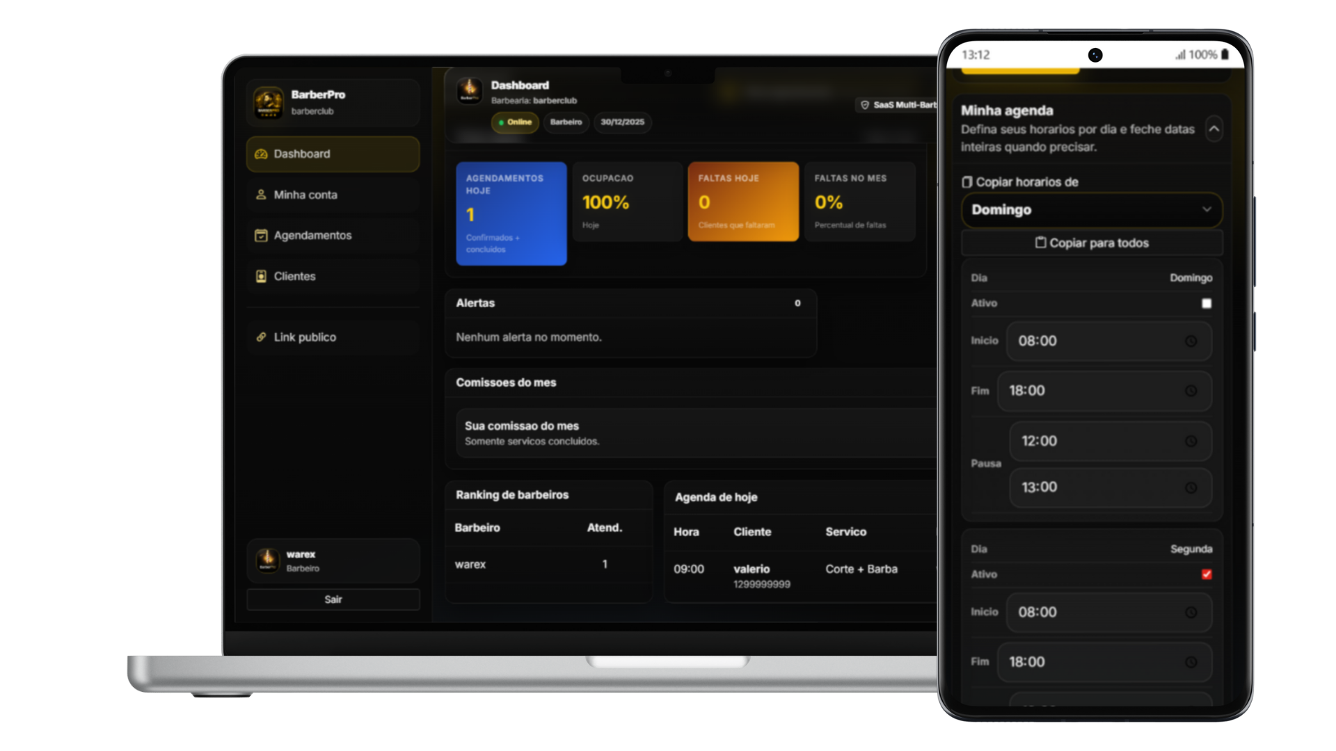 Mockup do painel do barbeiro - foco total no atendimento