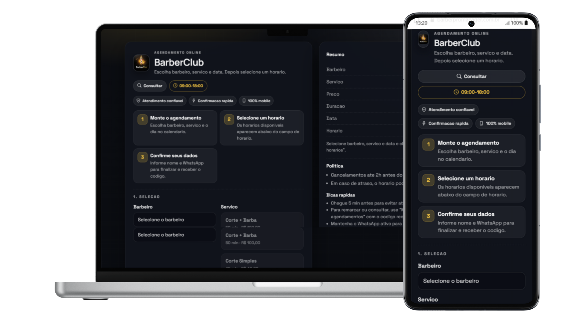 Mockup do agendamento público - cliente escolhe barbeiro e horário