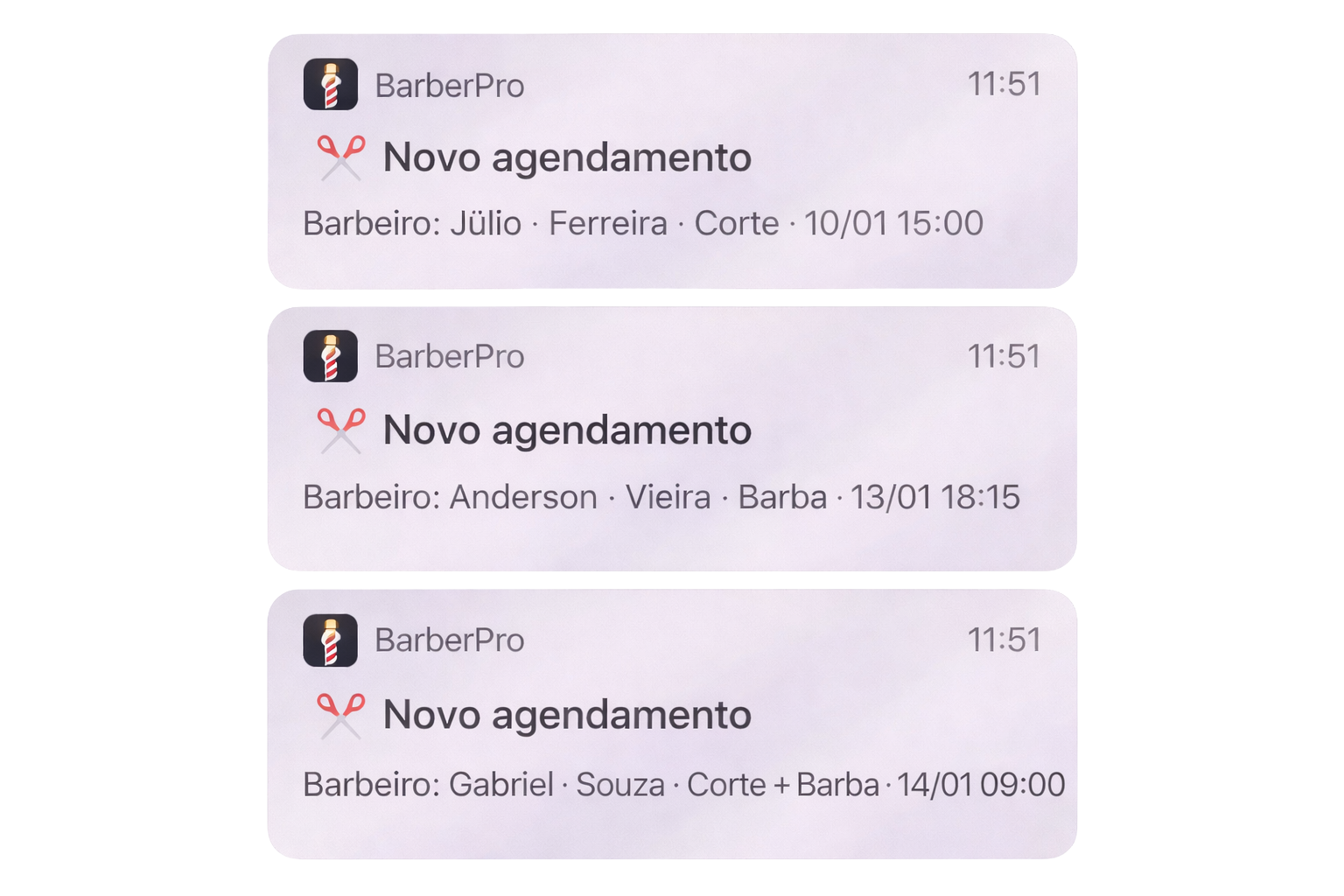 Notificações de agendamento do BarberPro - confirmação de horários